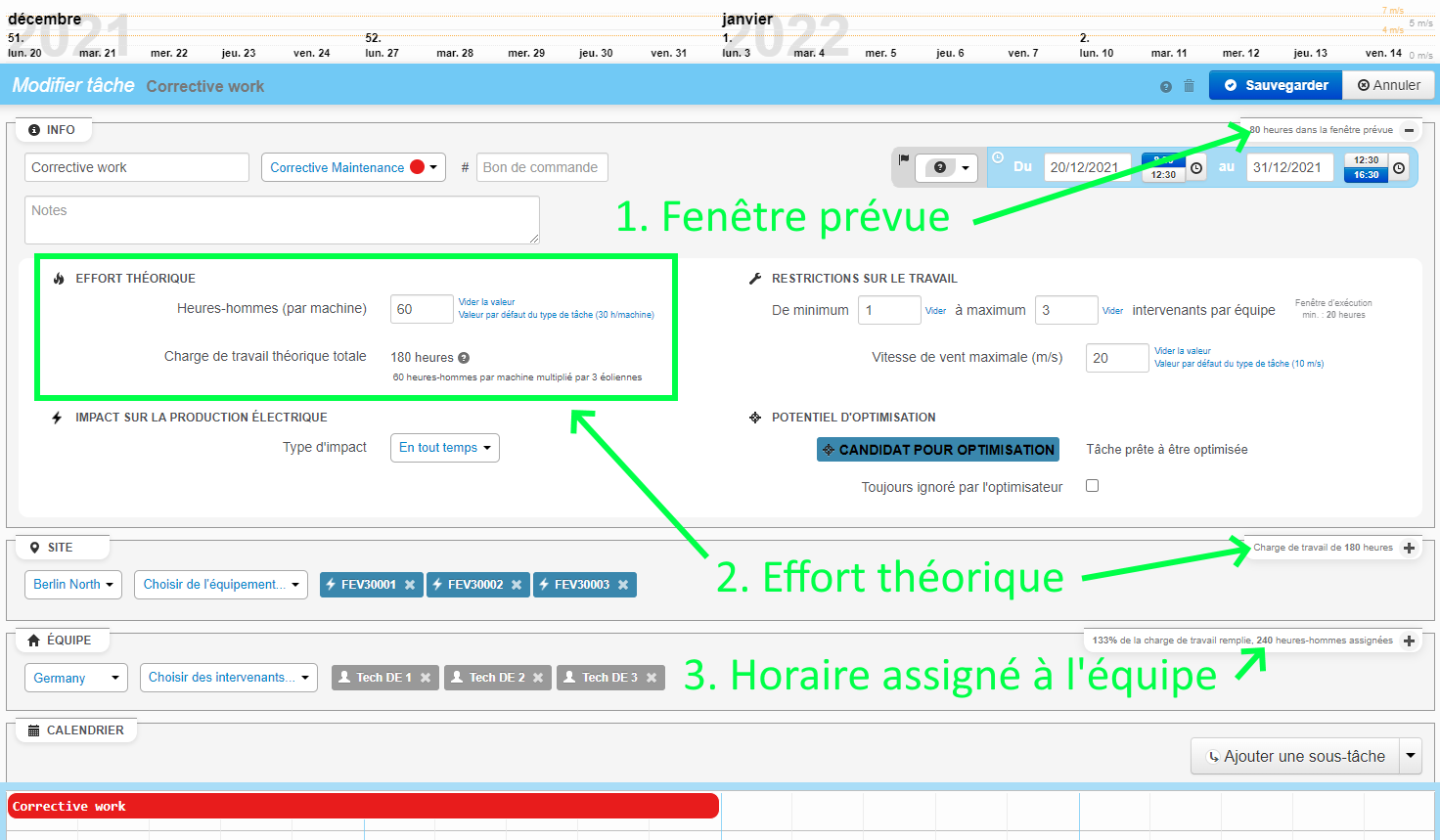 Fenêtre prévue, charge de travail et heures assignées